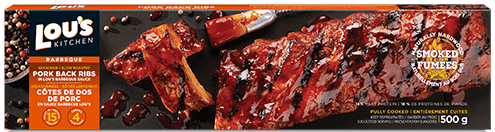 Lou's Kitchen BBQ pork back ribs packaging with cooked ribs image, 500g.