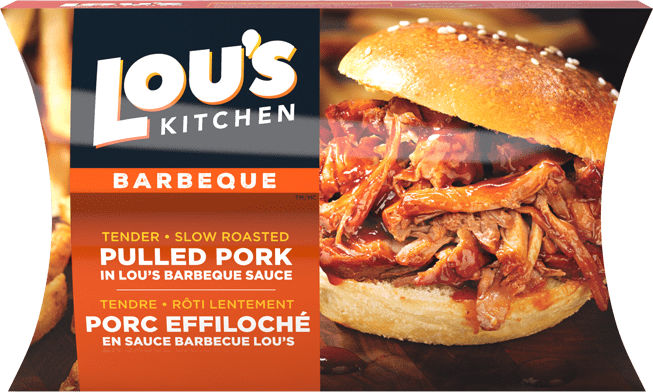 Lou's Kitchen pulled pork sandwich in BBQ sauce advertisement