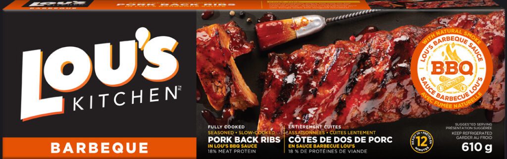 Lou's Kitchen BBQ pork back ribs packaging with brand logo and product details