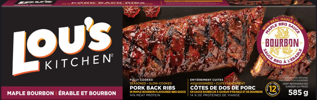 Lou's Kitchen Maple Bourbon Pork Back Ribs packaging with cooked ribs image