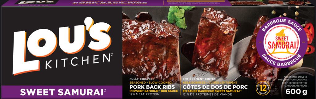 Lou's Kitchen Sweet Samurai pork back ribs in BBQ sauce packaging.