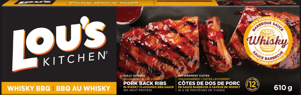 Lou's Kitchen whiskey BBQ pork back ribs packaging and product display