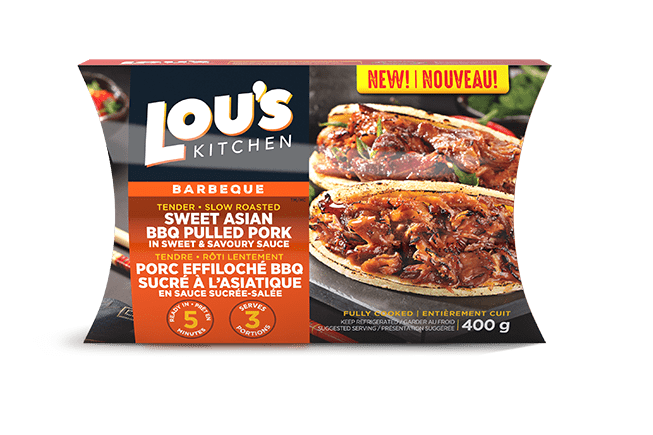 Lou's Kitchen BBQ pulled pork packaging showcasing product and cooking instructions.