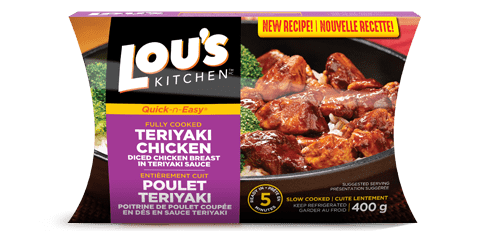 Lou's Kitchen teriyaki chicken package with new recipe label