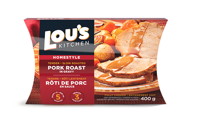 Lou's Kitchen Homestyle Slow Roasted Pork Roast in Gravy packaging with product image
