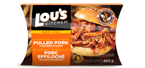 Lou's Kitchen pulled pork package with sandwich image and logo.