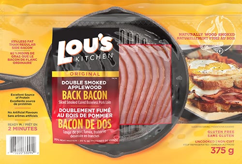 Lou's Kitchen double smoked applewood back bacon packaging