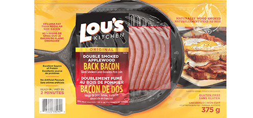 Packaged double smoked applewood back bacon on display with branding and weight details.