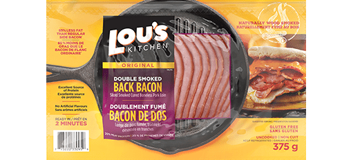 Package of Lou's Kitchen double smoked back bacon displaying weight and gluten-free label