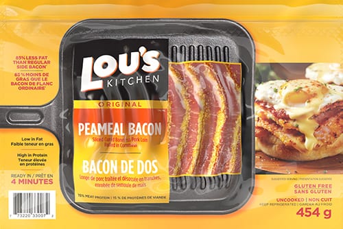 Packaged Peameal Bacon by Lou's Kitchen in clear tray with cooked bacon on side