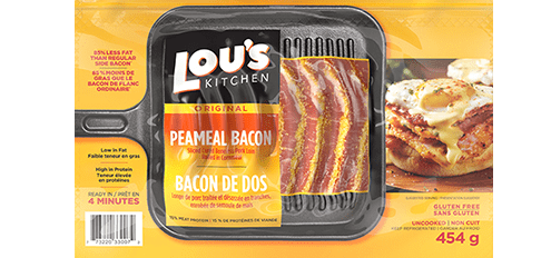 Lou's Kitchen Peameal Bacon package with nutritional info on yellow background
