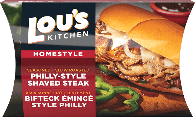 Lou's Kitchen homestyle seasoned Philly-style shaved steak sandwich packaging.