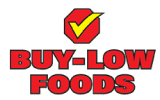 Buy-Low Foods logo with red hexagon, check mark, and green background