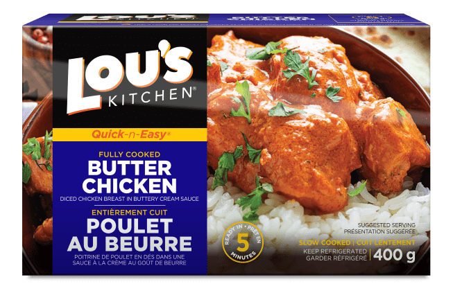 Packaged Lou's Kitchen Butter Chicken with rice ready meal in a box.