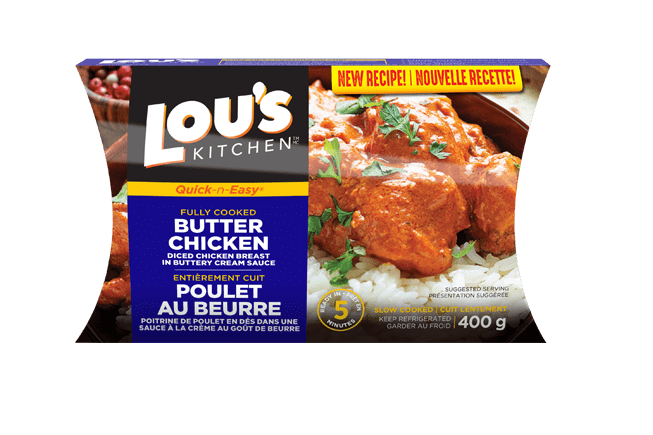 Lou's Kitchen butter chicken ready meal packaging with cooked chicken image