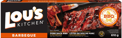 Lou's Kitchen barbeque pork back ribs packaging with brand logo and product image