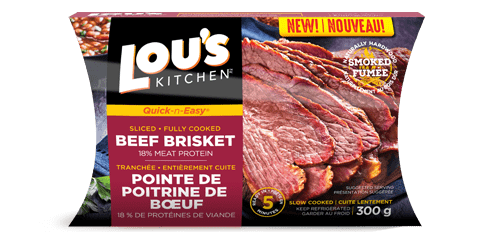 Lou's Kitchen beef brisket package showcasing smoked sliced meat