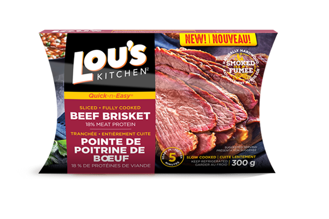 Lou's Kitchen beef brisket packaging highlighting quick, easy, sliced, and fully cooked features.