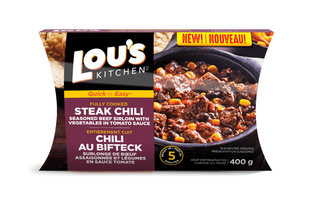 Lou's Kitchen Steak Chili package, fully cooked beef sirloin with vegetables.