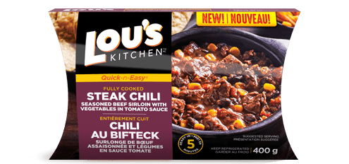 Lou's Kitchen steak chili ready meal packaging and product close-up