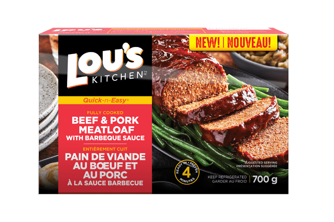 Lou's Kitchen beef and pork meatloaf with BBQ sauce packaging.