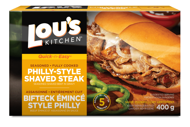 Lou's Kitchen Philly-style shaved steak product packaging with sandwich image