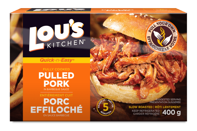 Lou's Kitchen fully cooked pulled pork packaging with product image and logo