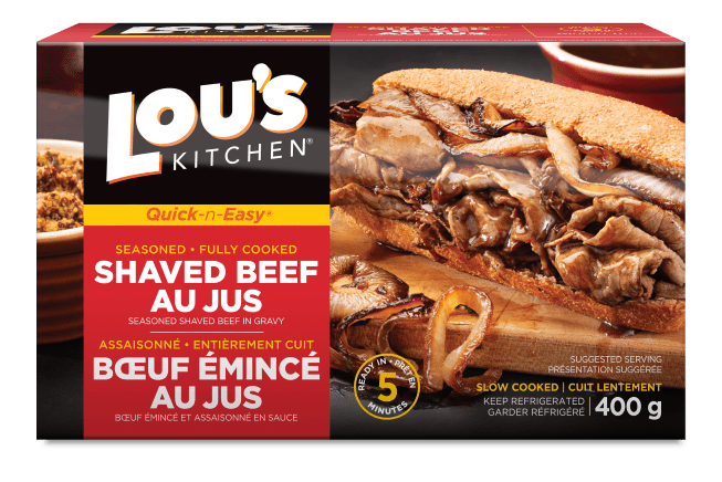 Lou's Kitchen seasoned shaved beef au jus packaging with product image and details