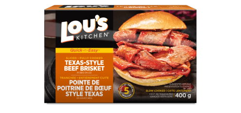 Lou's Kitchen Texas-style beef brisket package with succulent meat on bun