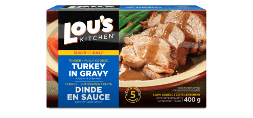 Lou's Kitchen turkey in gravy meal packaging with cooked slices and green beans.